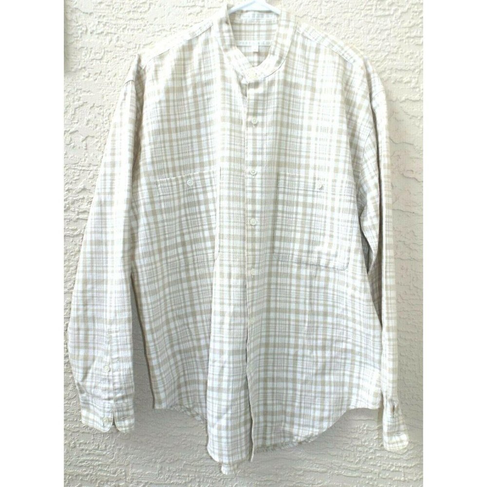 Perry Ellis S beige plaid collarless long sleeve button down cotton shirt